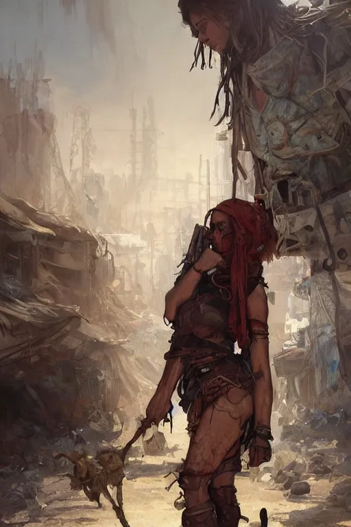 Image similar to a full body portrait of a beautiful post apocalyptic offworld harbor district bedouin blind pulp fiction scarlet wild rogue barbarian leper begging by the roadside, intricate, elegant, highly detailed, digital painting, artstation, concept art, smooth, sharp focus, illustration, art by krenz cushart and artem demura and alphonse mucha