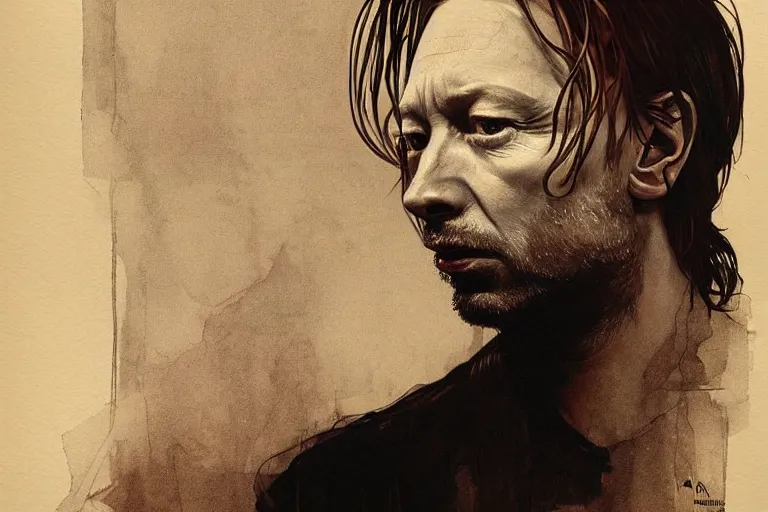 Image similar to hyper realistic portrait of wider faced thom yorke, bigger nose, on a stage, by lee bermejo, alphonse mucha and greg rutkowski