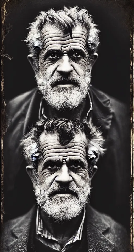 Prompt: a highly detailed digital collodion photograph, a portrait of a grizzled old man who kind of looks like Mel Gibson