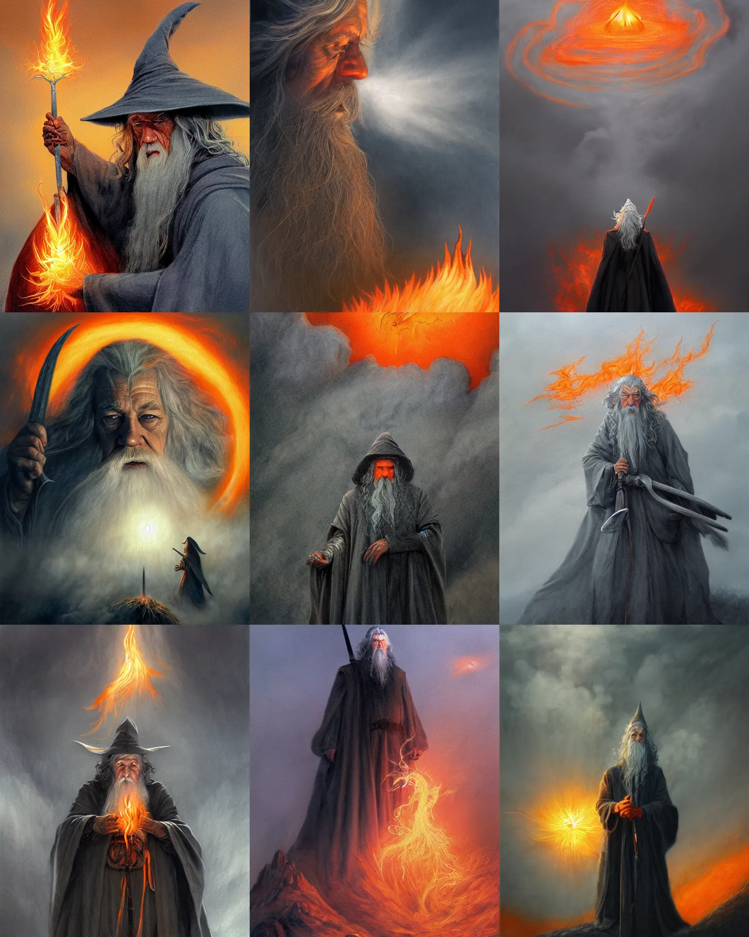 Prompt: gandalf the wizard surrounded by billowing pitch black clouds of smoke and blinding orange flame, by alan lee, intricate, detailed, digital painting, artstation