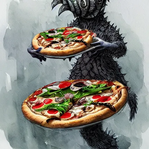 Image similar to a cute monster made of pizza, watercolor, pen and ink, intricate line drawings, by Yoshitaka Amano, Ruan Jia, Kentaro Miura, Artgerm, detailed, trending on artstation, hd, masterpiece,