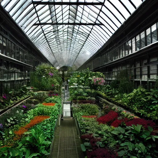 Image similar to hyperdetailed liminal space, downtown indoor terraced greenhouse gardens, movie cinematography roger deakins and darius khondji cinematic