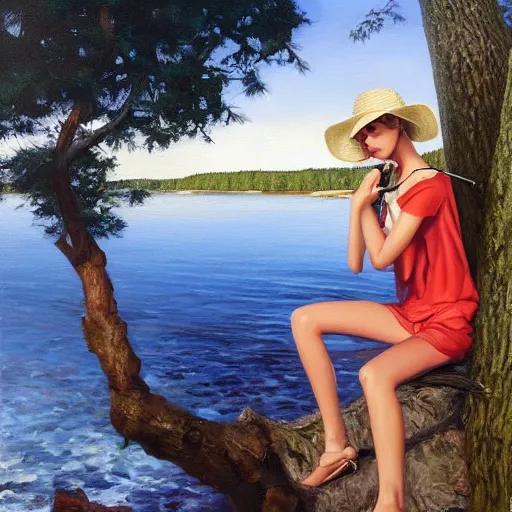 Image similar to oil painting by ilya kuvshinov,, baugh casey, artgerm craig mullins, coby whitmore, of a youthful white girl, long hair, fishing and wearing fisherman's outfit, fisherman's hat, highly detailed, breathtaking face, studio photography, noon, intense bounced light, water reflection, large tree casting shadow, serine intense sunlight