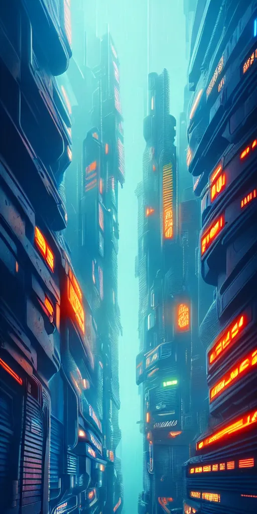 Image similar to epic cyberpunk cityscape, blue and orange tones : : blade runner, james guilleard, beeple, laurie greasley, dan mcpharlin : : ornate, dynamic, particulate, rich colors, intricate, elegant, highly detailed, centered, artstation, smooth, sharp focus, octane render, 3 d