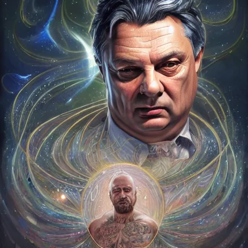 Image similar to a wlop 3 d render of very very very very highly detailed beautiful mystic portrait of viktor orban with whirling galaxy around, tattoos by anton pieck, intricate, extremely detailed, digital painting, artstation, concept art, smooth, sharp focus, illustration, intimidating lighting, incredible art,