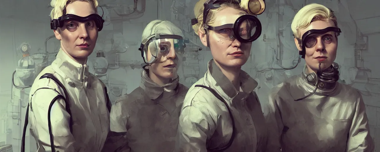 Prompt: illustration 3 / 4 portrait of stoic heroic emotionless butch blonde woman engineer with short slicked - back hair, wearing victorian goggles, no makeup, awkward and uncomfortable and anxious, dirty, dynamic composition by sergey kolesov. industrial space program, scifi, hyper detailed. octane render. concept art. trending on artstation