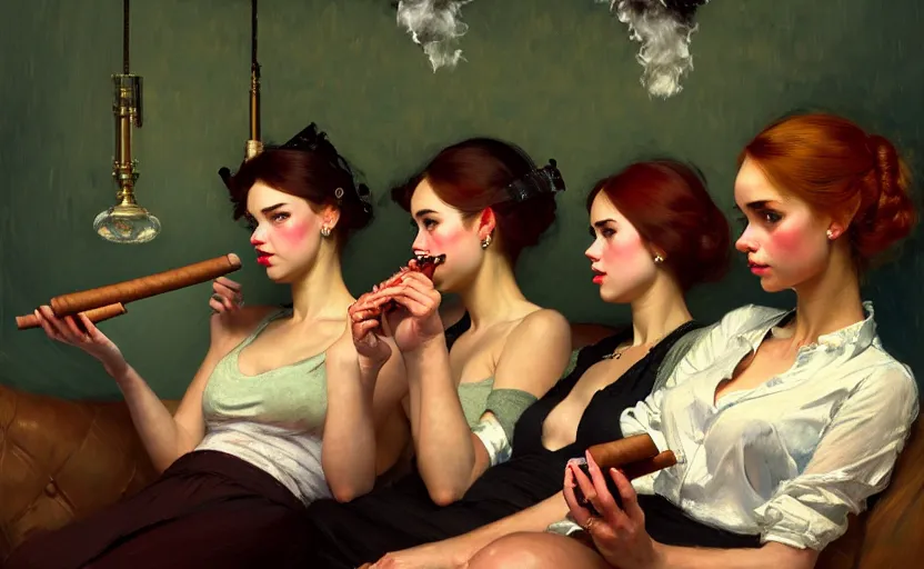 Image similar to portrait of several girls smoking cigars, sitting on a couch, highkey, realistic, serov, surikov, vasnetsov, repin, kramskoi, ultra realistic, depth of field insanely detailed, charlie bowater, tom bagshaw, norman rockwell, octane rendered, unreal engine, trending on artstation, 4 k