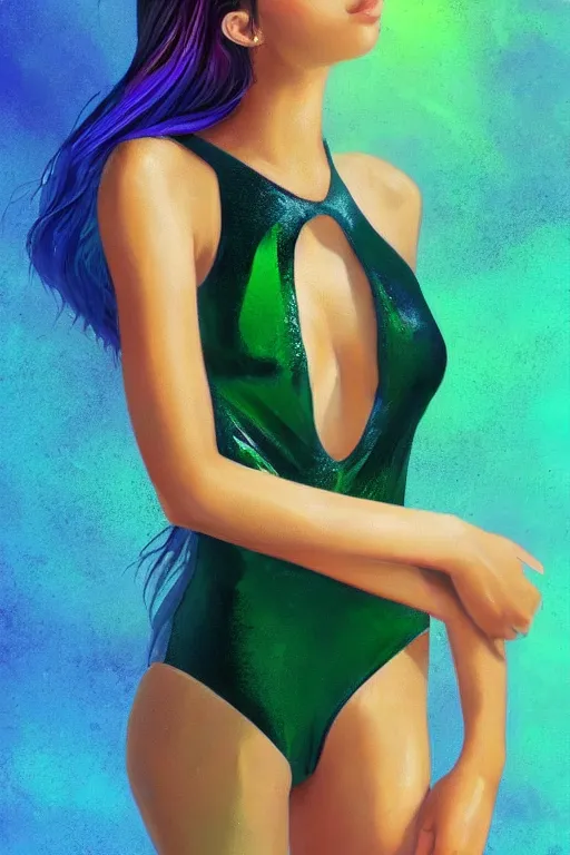 Image similar to beautiful elegant full body portrait of madison beer with rainbow hair wearing a sparkling green color one piece swimsuit, pixie haircut wlop, artgerm, artstation, backlit, dark marble background
