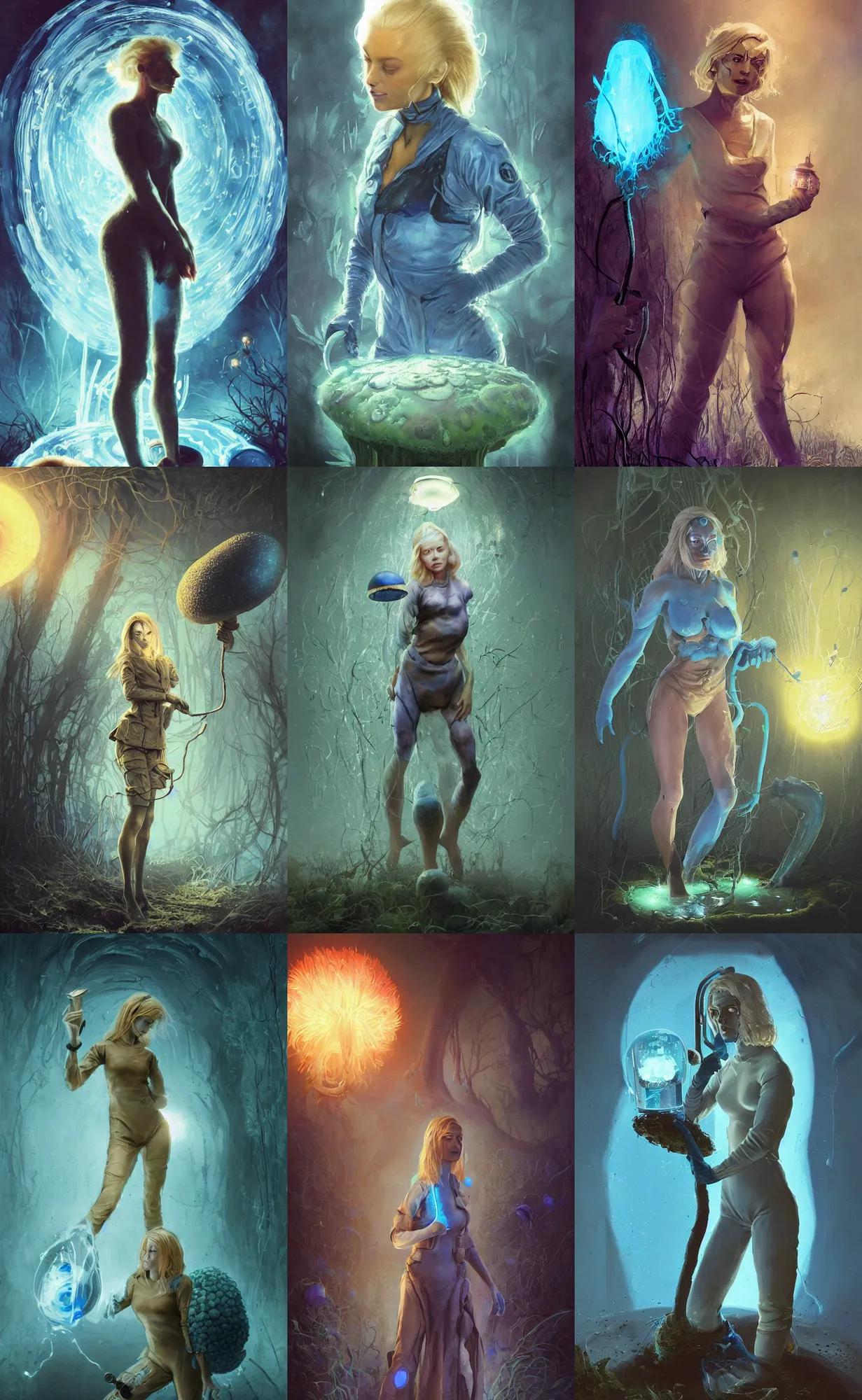 Prompt: A mixed media portrait painting of a beautiful blonde biologist woman, biohazard suit, examining a giant blue glowing mushroom in a mire, detailed Aesthetic! face and eyes, slavic, by Beeple, Frank Frazetta, Greg Rutkowski, Christian MacNevin, Boris Vallejo, epic fantasy character art, high fantasy, CGsociety, exquisite detail, post-processing, masterpiece, cinematic