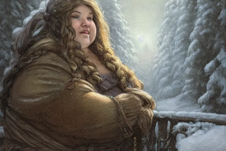 Prompt: A hearty nice chubby dwarven woman at her home looking through the window at a snowstorm outside, highly detailed complex braided hair, realistic, beautiful, fantasy art, dungeons and dragons, lord of the rings, in the style of rebecca guay and thomas kinkade, illustration, very cozy, fantasy, intricate, hyper detailed, artstation, concept art, smooth, sharp focus, ray tracing, vibrant