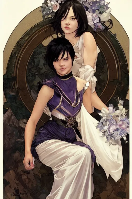 Prompt: cassandra cain sitting in your lap wearing a wedding dress, near the camera, low camera angle, cg animation, riot entertainment, arcane, realistic, character select portrait, by artgerm, greg rutkowski, alphonse mucha, 3 d