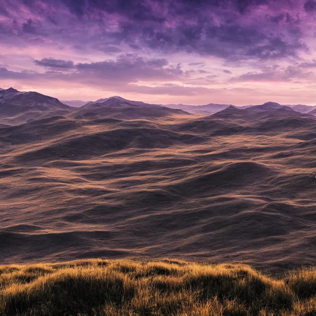 Prompt: steppes of white grass, shadowed mountains in the horizon, black sky with an everlasting purple dusk, etheral, epic, highly detailed, high resolution, 4 k, 8 k, hyperrealistic landscape
