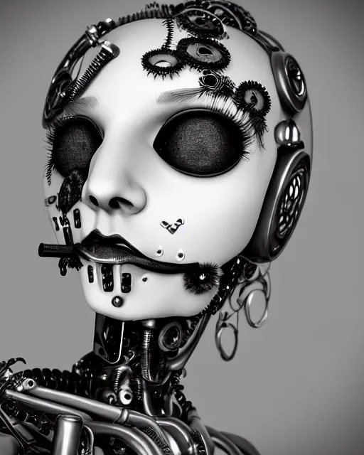Image similar to black and white dreamy foggy smoky profile face portrait, one silver steampunk realistic eye biomechanical beautiful young female cyclope - cyborg - robot bust, body ribs meshes,, volumetric light, hibiscus flowers, by hg giger man ray, rim light, big gothic fashion pearl embroidered collar, 8 k