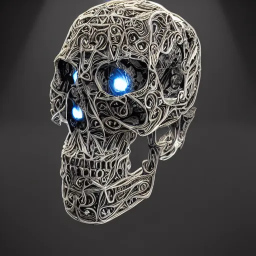 Image similar to intricately crafted ornate cybernetic skull with messy wiring