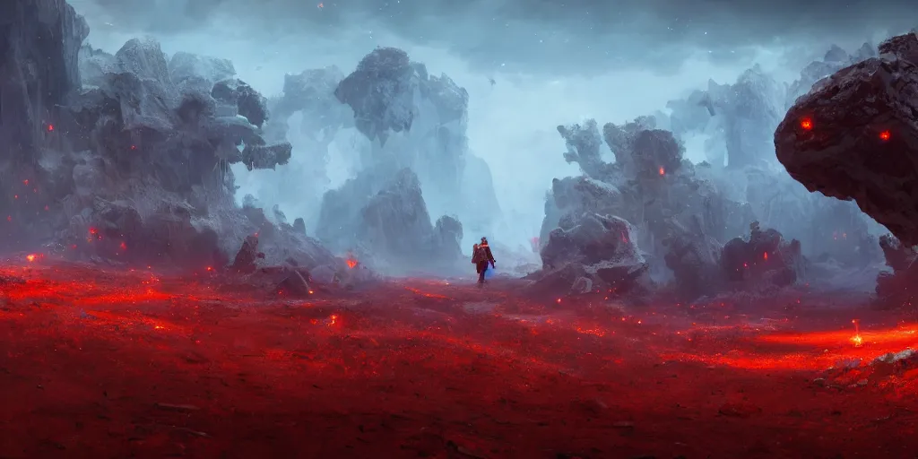 Image similar to a epic landscape full of big red crystals emerging from the ground, concept art, octane render, unreal engine 5, trending on artstation, greg rutkowski, hyperrealistic, highly detailed, high quality, 8 k, dramatic lighting, cinematic, high coherence, high contrast, digital art, high definition, path traced, night