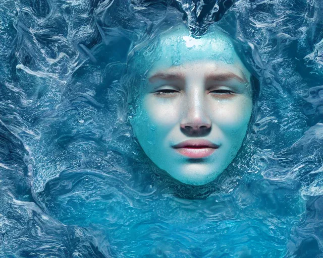 Image similar to water art manipulation of a surreal human head with open eyes burried in the ocean, shot from the top, hyper realistic, ray tracing, realistic water, sharp focus, 8 k resolution, cinematic