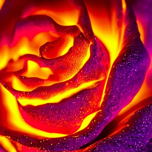 Image similar to award - winning macro of a beautiful magma rose made of glowing molten lava, inner glow, magma texture