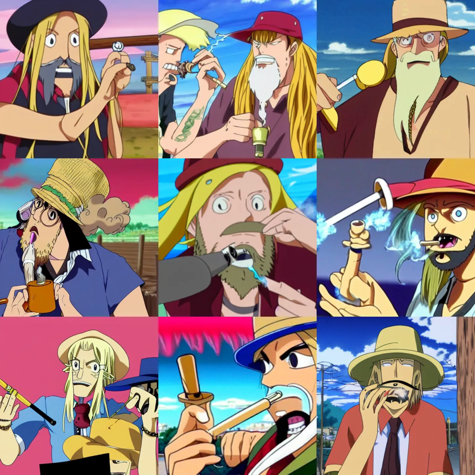 Prompt: A still of a man with long blonde hair and a beard wearing a tie dye t-shirt and a hat while smoking a pipe in One Piece Anime Series