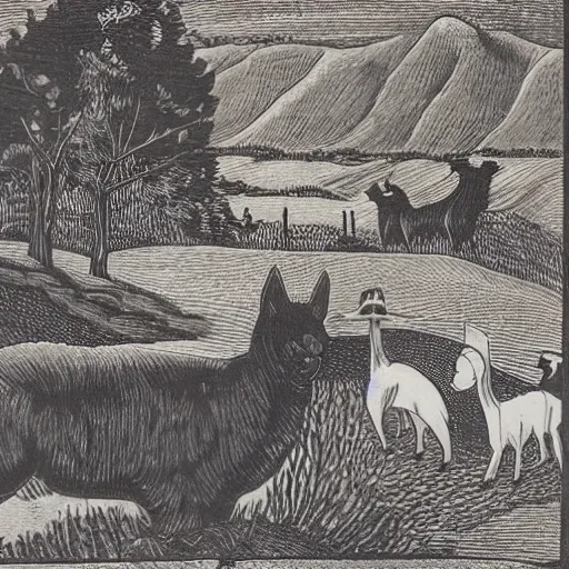 Prompt: 19th century woodcut, two black cats, llama, watching farmers in the distance, in the Andes