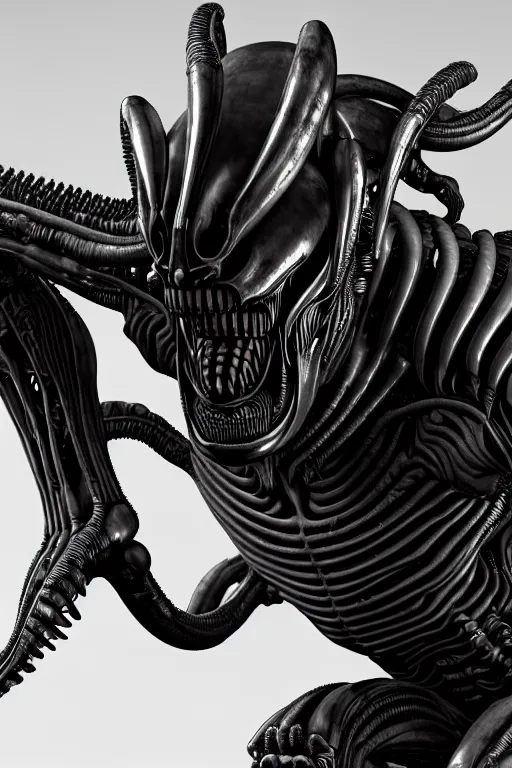 Image similar to detailed intricate biomechanical xenomorphic artifact on display, black and burnished silver, cinematic render, dynamic lighting