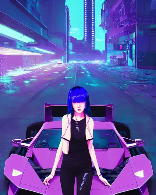 Image similar to digital illustration of cyberpunk pretty girl with blue hair, standing in front of a purple lamborghini, in junkyard at night, by makoto shinkai, ilya kuvshinov, lois van baarle, rossdraws, basquiat