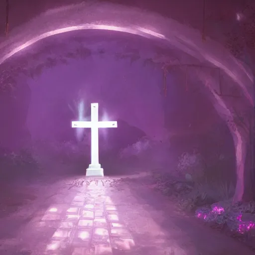 Image similar to a christian cross as the light at the end of the tunnel, with pale purple and pale pink lighting, cute, aesthetic, anime, with a few vines and overgrowth, studio ghibli, cinematic, painting, high definition, digital art, symmetrical, very detailed, extremely high detail, photo realistic, concept art, unreal engine 5,