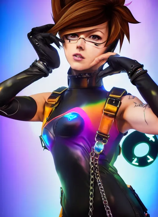 Image similar to full body digital artwork of tracer overwatch, wearing black iridescent rainbow latex tank top, 4 k, expressive happy smug expression, makeup, in style of mark arian, wearing detailed black leather collar, chains, black leather harness, leather cuffs around wrists, detailed face and eyes,