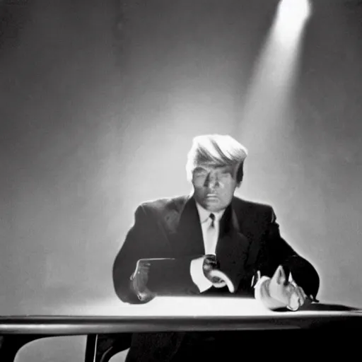 Prompt: a film still from a 1 9 4 0's film noir movie with donald trump sitting at a metal table in an dark interrogation room with a hanging light shining on him illuminating his face