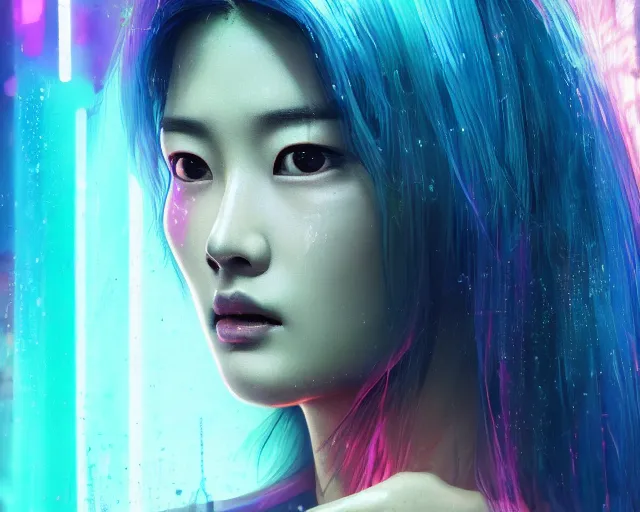 Prompt: a film still of jun ji hyun as joi bladrunner 2 0 4 9 in the rain with blue hair, cute - fine - face, pretty face, cyberpunk art by sim sa - jeong, cgsociety, synchromism, detailed painting, glowing neon, digital illustration, perfect face, extremely fine details, realistic shaded lighting, dynamic colorful background