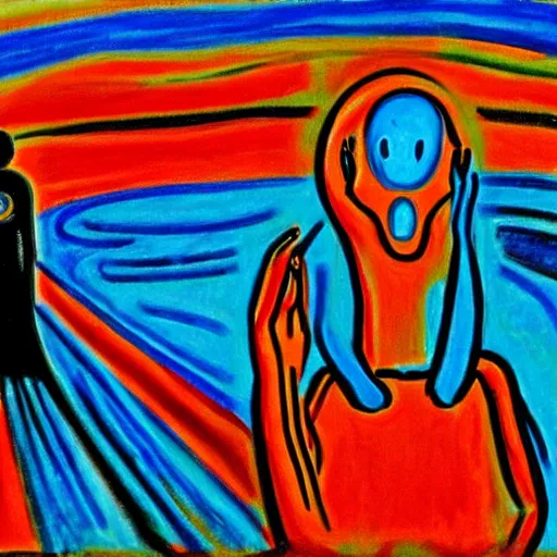 Prompt: doctor manhattan sitting on mars in the style of edvard munch's the scream, oil painting, doctor manhattan, the scream