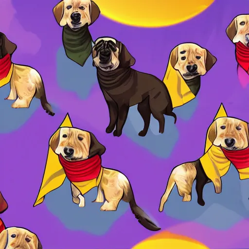 Prompt: 5 dogs wearing capes in space, digital art, cinematic