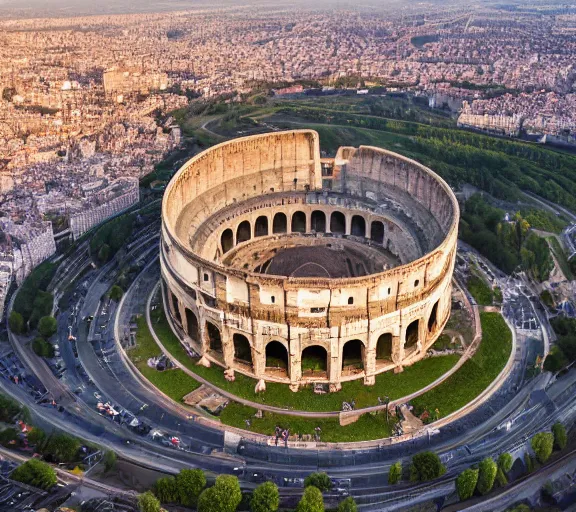 Prompt: A full shot of the roman colosseum designed by zaha hadid, overhead view, golden hour, 4K Photograph