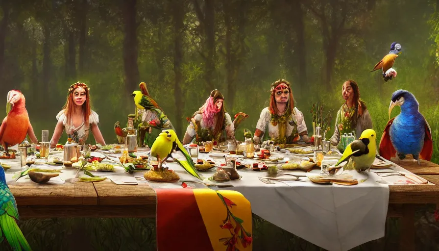 Image similar to a table dinner of exotic birds where birds are dressed like the characters from the midsommar movie wearing flowers, realistic detailed digital art by maxwell boas jessica rossier christian dimitrov anton fadeev trending on artstation cgsociety rendered in unreal engine 4 k hq