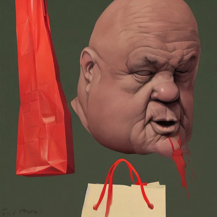 Image similar to melting old fat man portrait with a white paper bag over the head, dressed in red paper bags, holding stack of green paper bags, highly detailed, artstation, art by ian mcque, ilya kuvshinov, zdislav beksinski, wayne barlowe, edward hopper