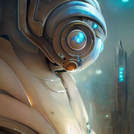 Image similar to beautiful delicate imaginative streamlined futuristic close up portrait of a tardigrade, sitting with elegant deadly looks, mechanical body on gold linings, smooth white and soft by ruan jia, tom bagshaw, alphonse mucha, krenz cushart, beautiful cyberpunk buildings in the background, epic sky, vray render, artstation, deviantart, pinterest, 5 0 0 px models