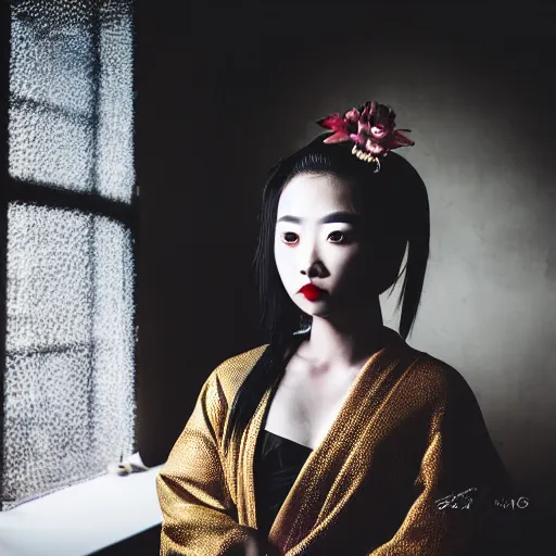 Image similar to filmstill, over the shoulder photography of asian girl with golden makeup looking in to the camera, black lips, black kimono, black pagoda, black face tattoo, sad mood, god rays, volumetric light, lightbeams, art noveau style, neobrutalistic