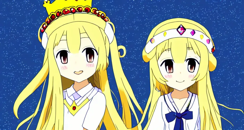 Prompt: picture of mugi from k - on, with crown!!! on top! of her head!, golden white dress, dark night background, pixel art