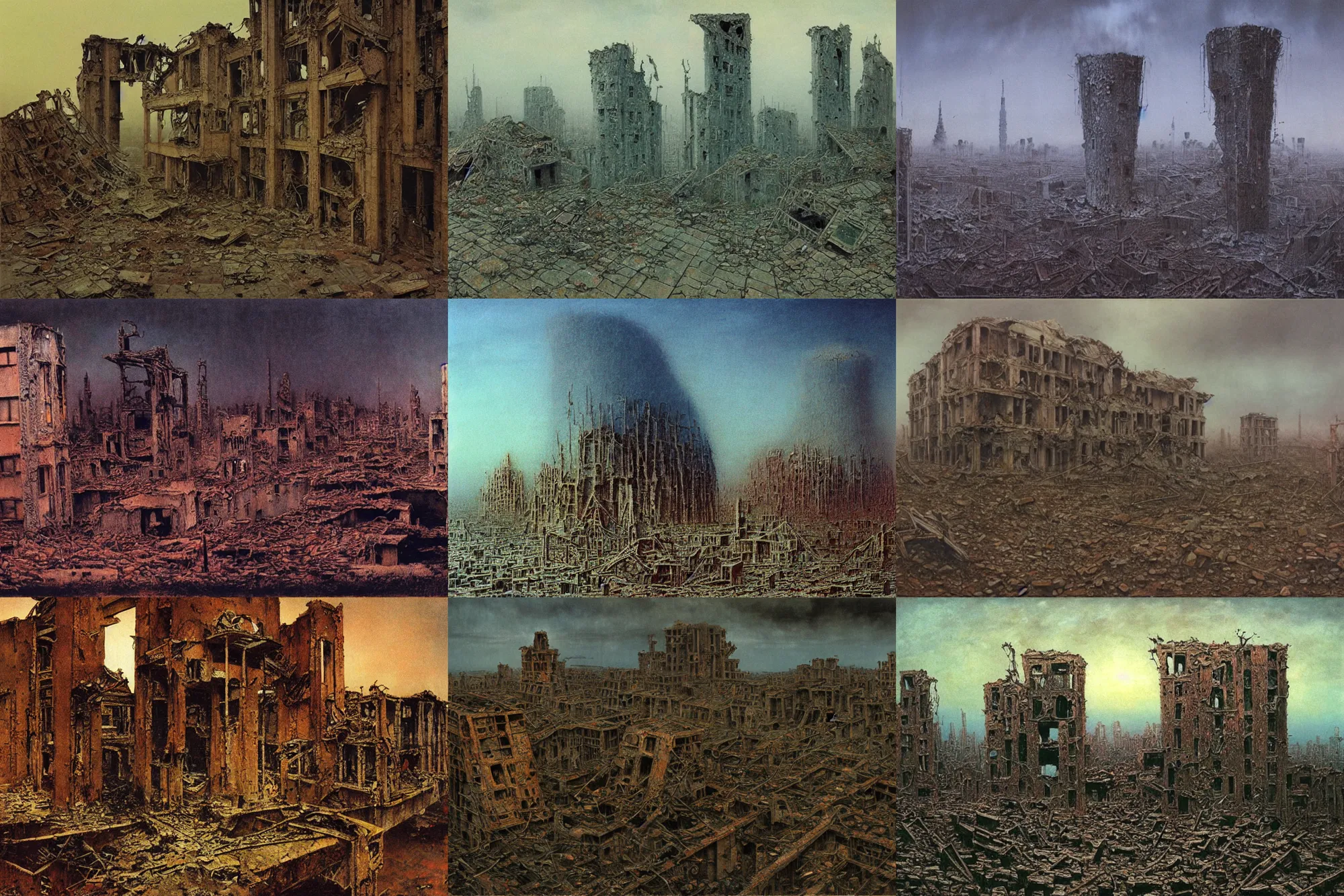 Prompt: nuclear fungus and destroyed buildings, beksinski