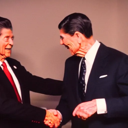 Prompt: cinematic shot of an anthropomorphic frog and ronald reagan shaking hands with each other, 8k, very detailed, very intricate,