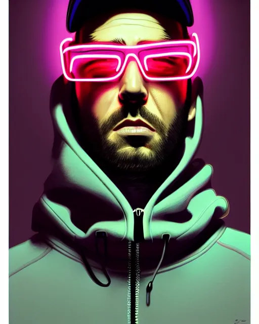 Image similar to pop art mixed with neo - noir artsyle, hyper - realistic detailed portrait of a man in a hoodie, with neon visor, by atey ghailan, by greg rutkowski, by greg tocchini, by james gilleard, by joe fenton, by kaethe butcher, sharp focus