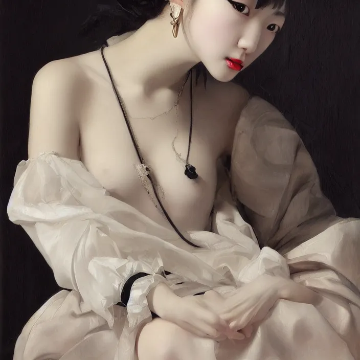 Prompt: elegant korean goth girl, latex, intricate, oil painting, sfumato, hyperrealistic, detailed, smooth, very smooth, brushwork, sharp focus, mood lighting, concept art, by caravaggio, by vermeer, by rembrandt
