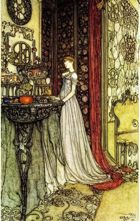 Prompt: fairy tale princess in a throne room by carl larsson, arthur rackham