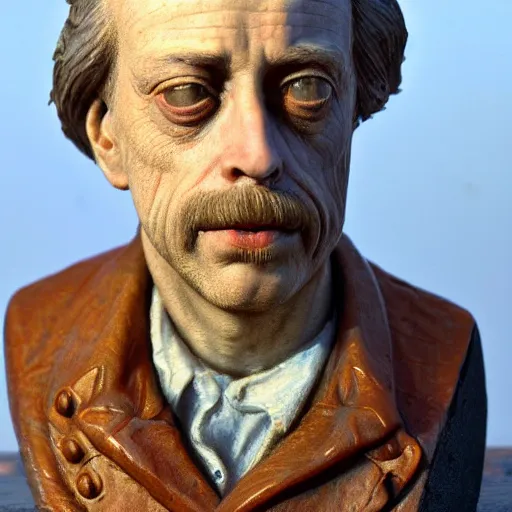 Prompt: hyper realistic closeup bust of a new england fisherman, steve buscemi, painted, colorized, bossons vintage chalkware, by emile renouf