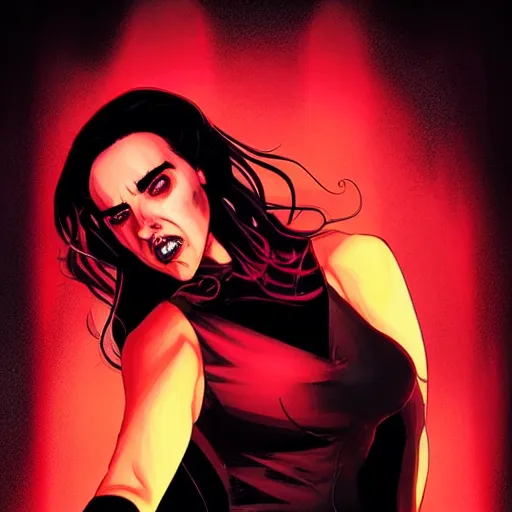 Image similar to in the style of Rafael Albuquerque comicbook cover art, beautiful scary female vampire, Jennifer Connelly, glowing red and gold hair, smiling, sharp teeth, clear clean face, two perfect eyes, perfect eyes perfect symmetrical eyes, symmetrical face, sarcastic pose, dark and smoky background