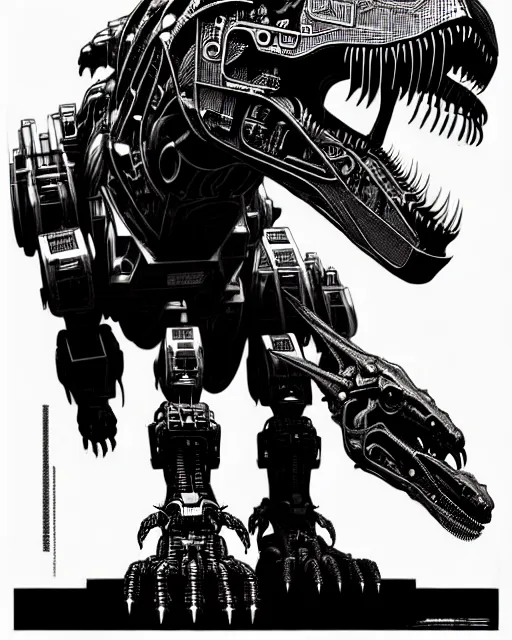 Prompt: a cyberpunk intricate mechanical robot t - rex dinosaur, transformer, high details, symmetry, bold line art, by vincent di fate, kim jung gi, joe fenton, inking, scifi, screen print, masterpiece, character concept art, trending on artstation, sharp, high contrast, ultrafine hyper detailed, comic book cover, hd, 4 k, 8 k