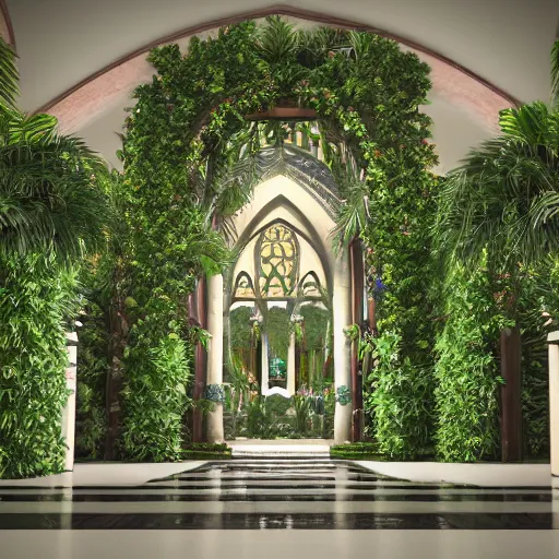 Image similar to cathedral interior with koi pond in the middle surrounded by palm trees, ivy, flowers, tropical plants, roses, and with archways. rendered in octane render with photorealistic lighting