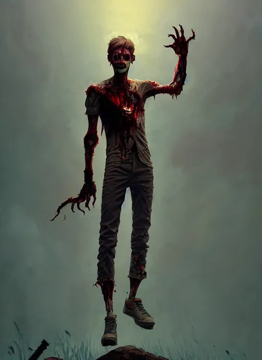 Prompt: a movie poster design of a full body zombie hero standing on a hill with a heroic pose, an ultrafine detailed painting by james jean, cgsociety, figurative art, detailed painting, dystopian art, high detail greg rutkowski and andreas rocha, tristan eaton, victo ngai, artgerm, rhads, ross draws