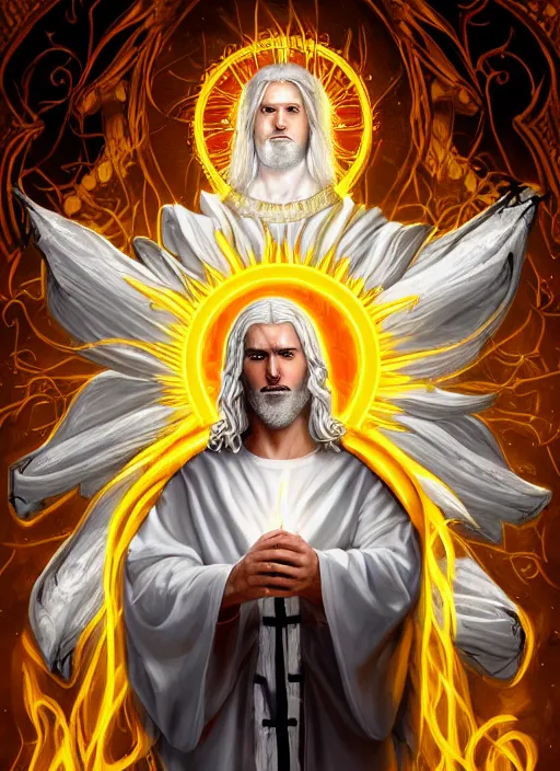 Prompt: « portrait of the white - haired jesus in a white robe and flaming yellow eyes, holding seven stars in right hand, high - contrast, intricate, elegant, highly detailed, digital painting, artstation, concept art, smooth, sharp focus, illustration »