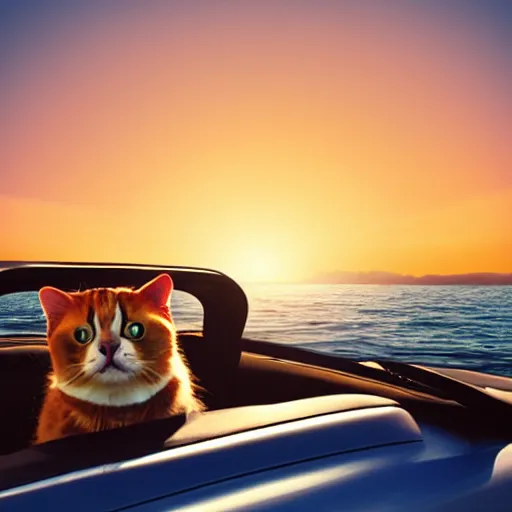 Image similar to cat cruising in a cabriolet, golden hour, front top side view, golden ratio, idyllic setting