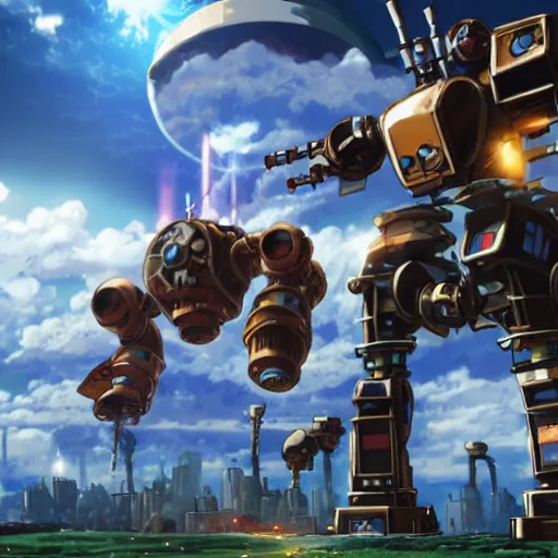 Prompt: a giant steampunk robot shooting at another giant steampunk robot, epic, intense, particles, studio ghibli, anime,